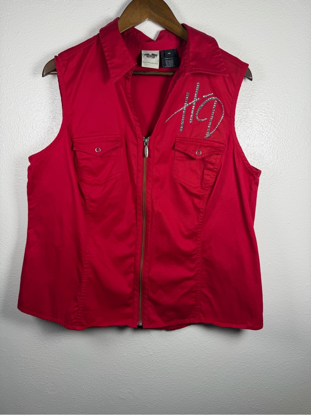 Harley-Davidson Red Sleeveless Zip Front Vest with Rhinestone HD